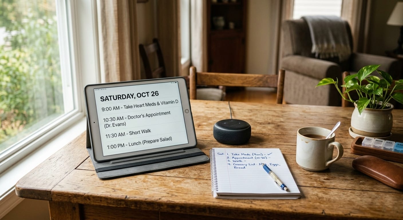 Tablet displaying daily schedule and reminders next to a smart speaker, notebook, and pill organizer on a table, illustrating senior technology for daily planning, medication management, and independent living at home.