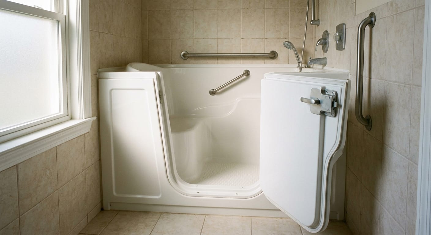 walk-in bathtub with outward opening door and built-in seat designed for safe elderly access