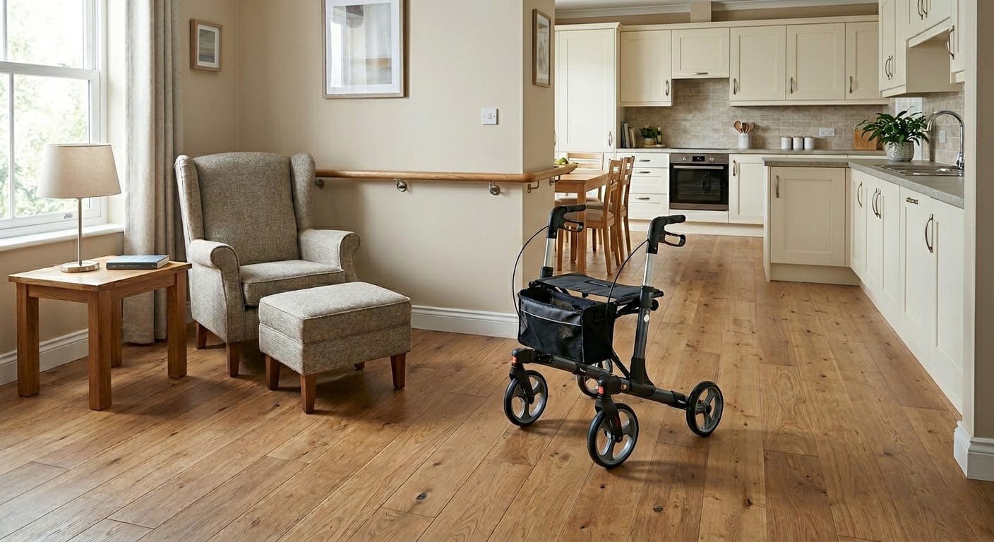 Rollator walker positioned in a spacious, well-organized living and kitchen area with clear walking paths and wall handrails, illustrating safe mobility support for seniors aging in place.