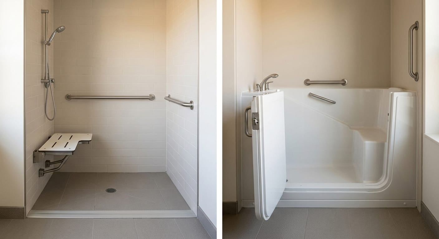 walk-in shower vs walk-in tub comparison showing open shower space versus enclosed tub design for elderly safety