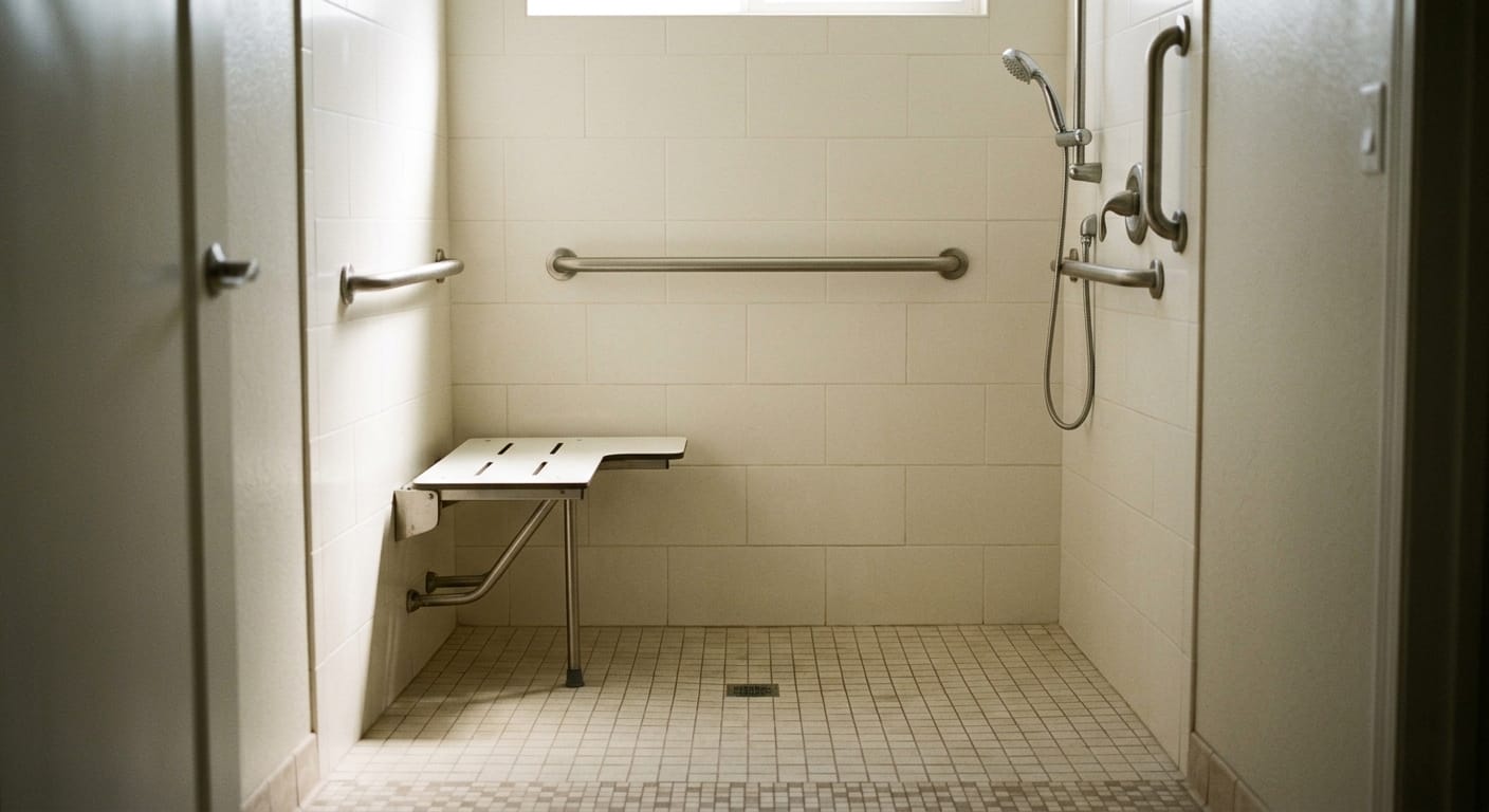 walk-in shower with grab bars and foldable seat designed for elderly safety and accessibility