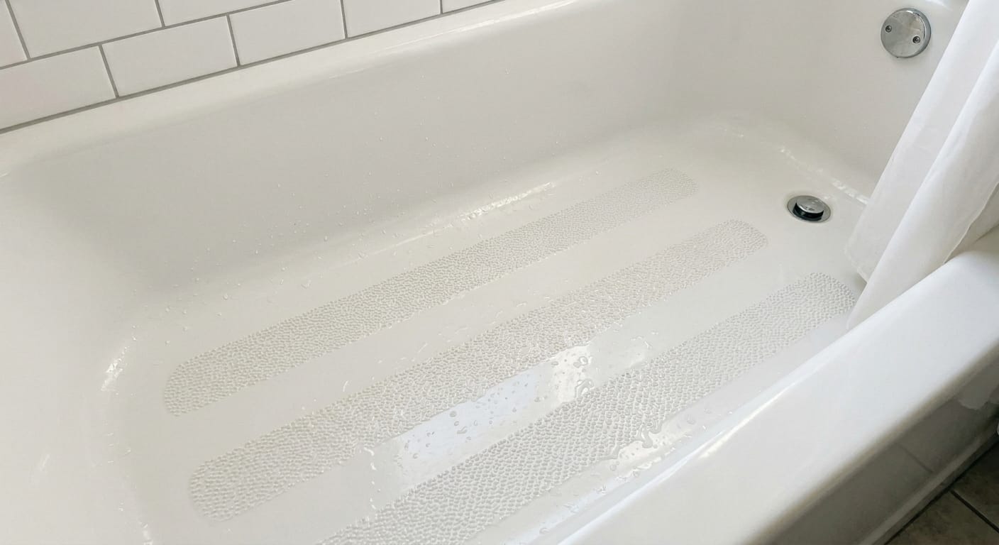 clean bathtub with anti-slip strips improving traction on wet surface