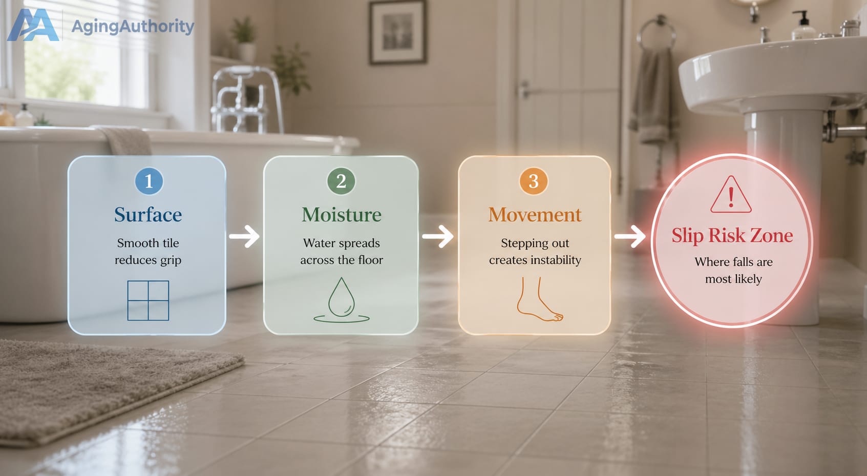 bathroom floor slip risk infographic showing how surface conditions, moisture, and movement create fall risk