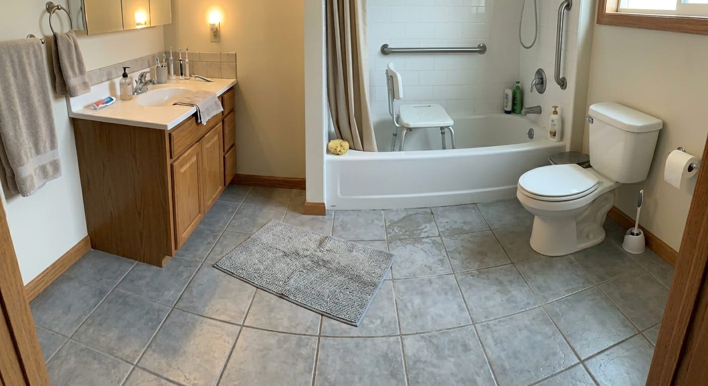 bathroom tile floor with water near bathtub and a shifted bath rug creating slip and trip risk