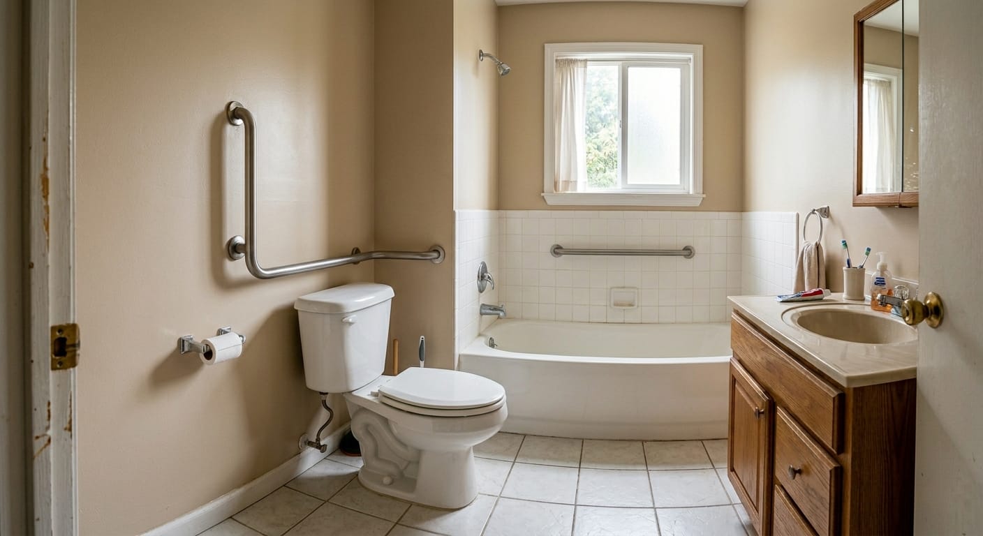 normal middle-class bathroom with toilet, bathtub, and sink, natural lighting and everyday layout showing potential hidden fall risks