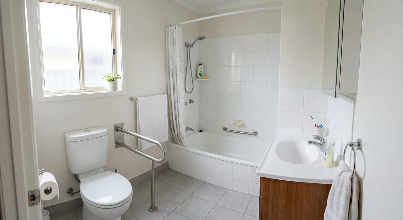 clean bathroom with toilet, U-shaped grab bar, bathtub, and sink showing safe layout for elderly use