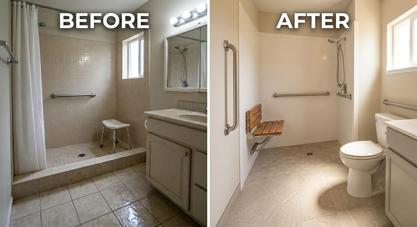 before and after bathroom safety comparison showing slippery floor and poor grab bar placement versus safe curbless shower with properly installed grab bars and non-slip flooring for elderly