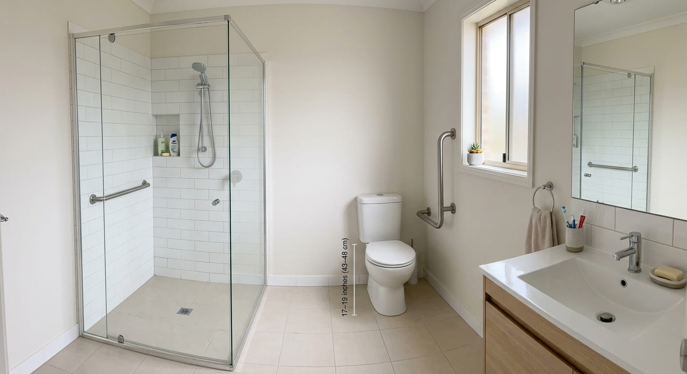 best toilet height for seniors 17–19 inches shown in real bathroom with grab bar support