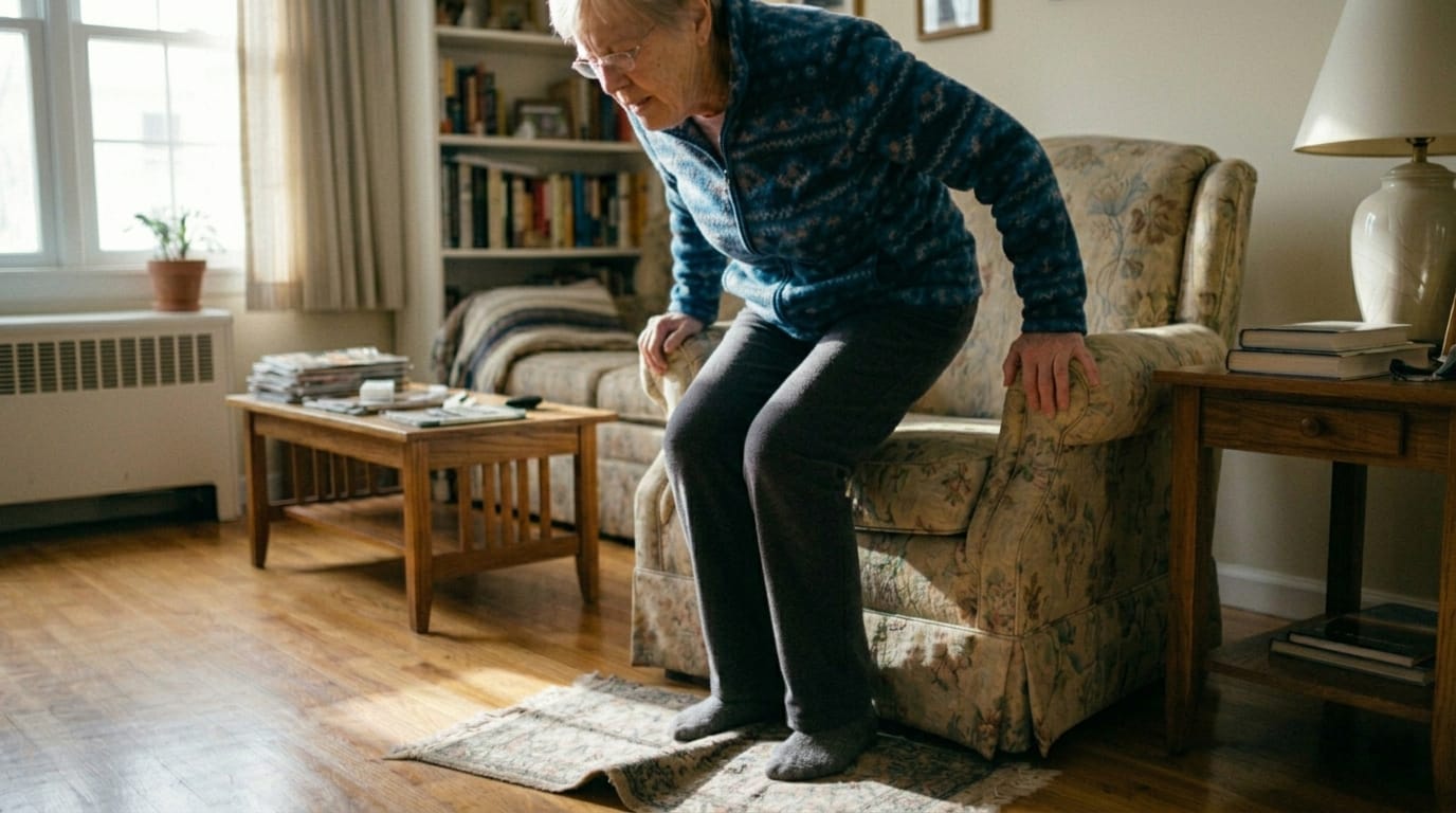 elderly woman struggling to stand up from chair with wrinkled rug creating fall risk