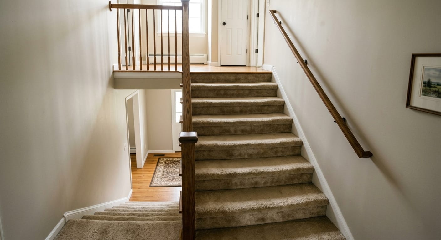 real residential staircase with single handrail and natural lighting showing potential safety risks for seniors