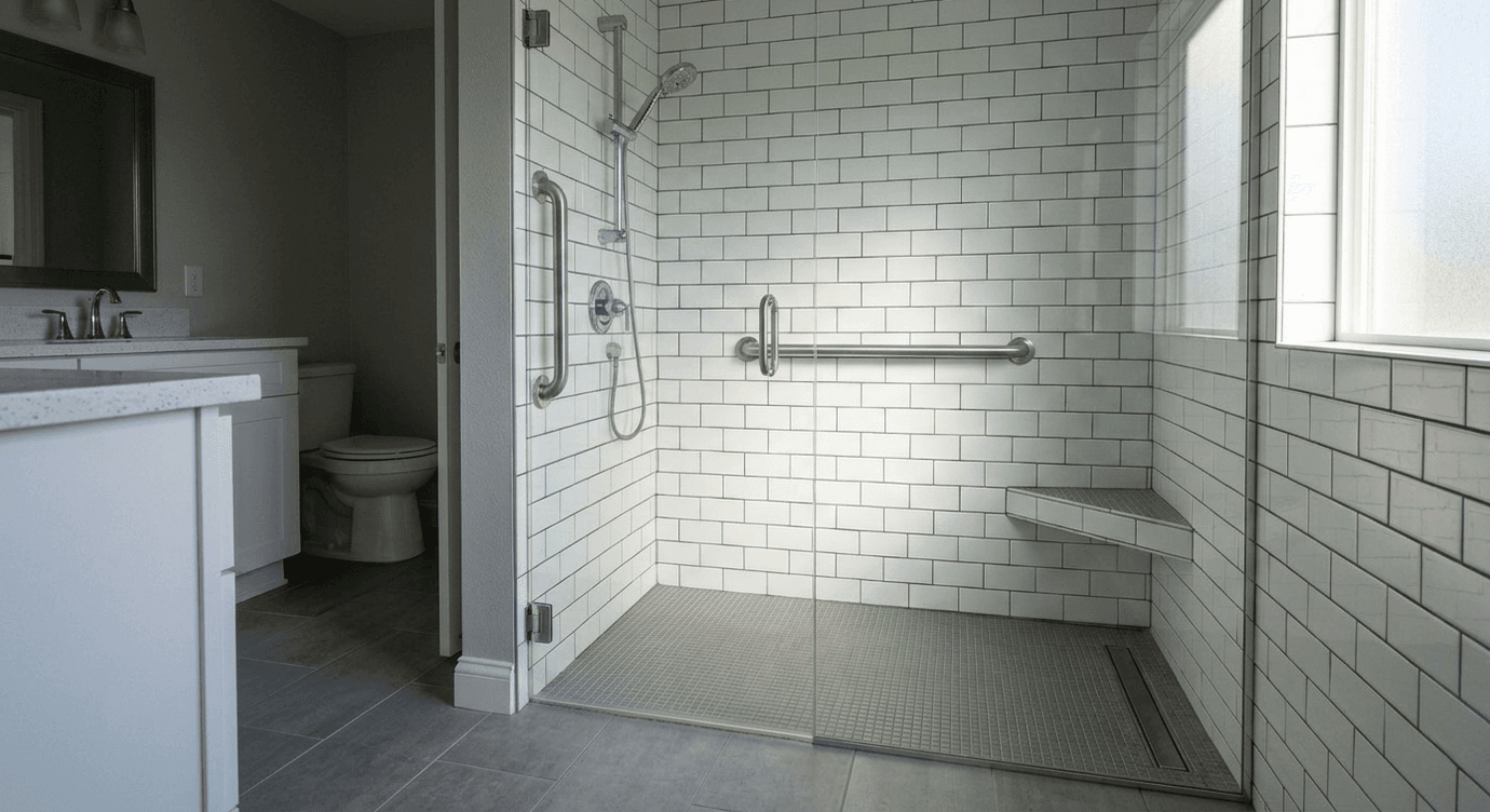 walk-in curbless shower with horizontal and vertical grab bars installed for safe movement and elderly support