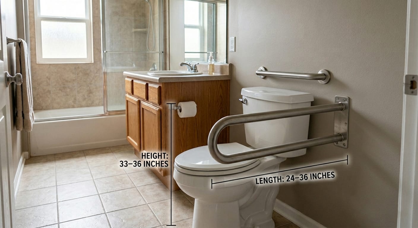 Illustration of side and rear grab bars near a toilet