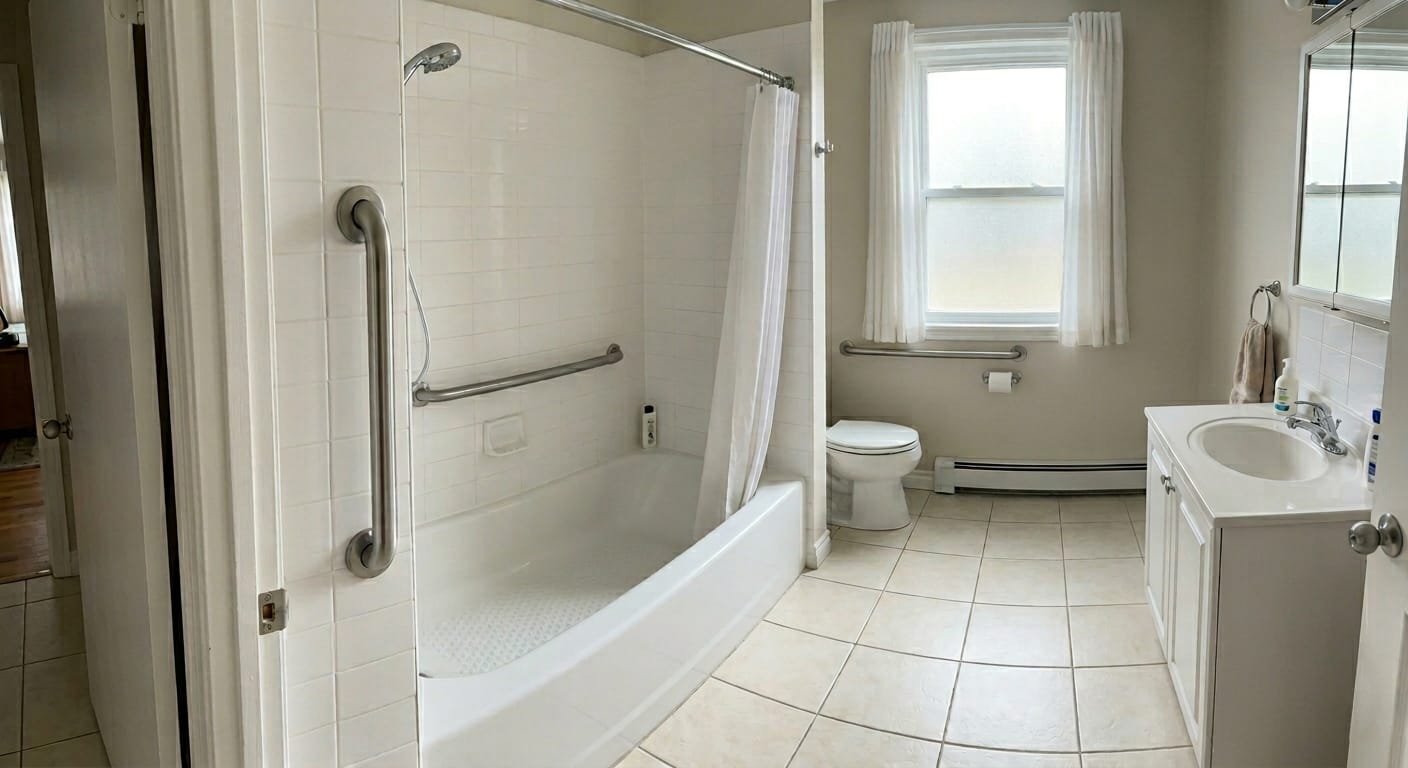 grab bar placement for bathtub with vertical entry bar and horizontal wall bar in a residential bathroom for elderly safety