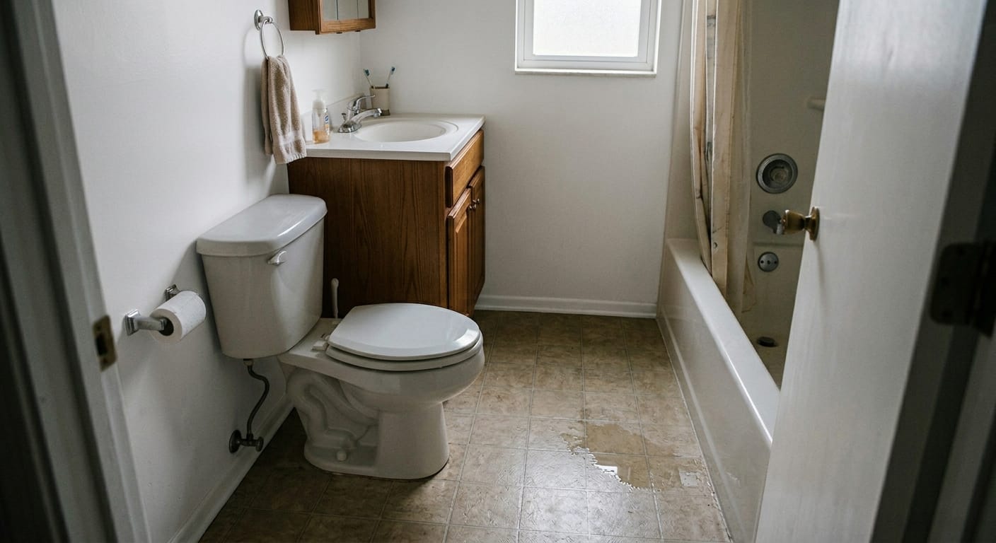 bathroom with dim lighting near toilet and slightly wet floor showing subtle hidden fall risks in a normal home