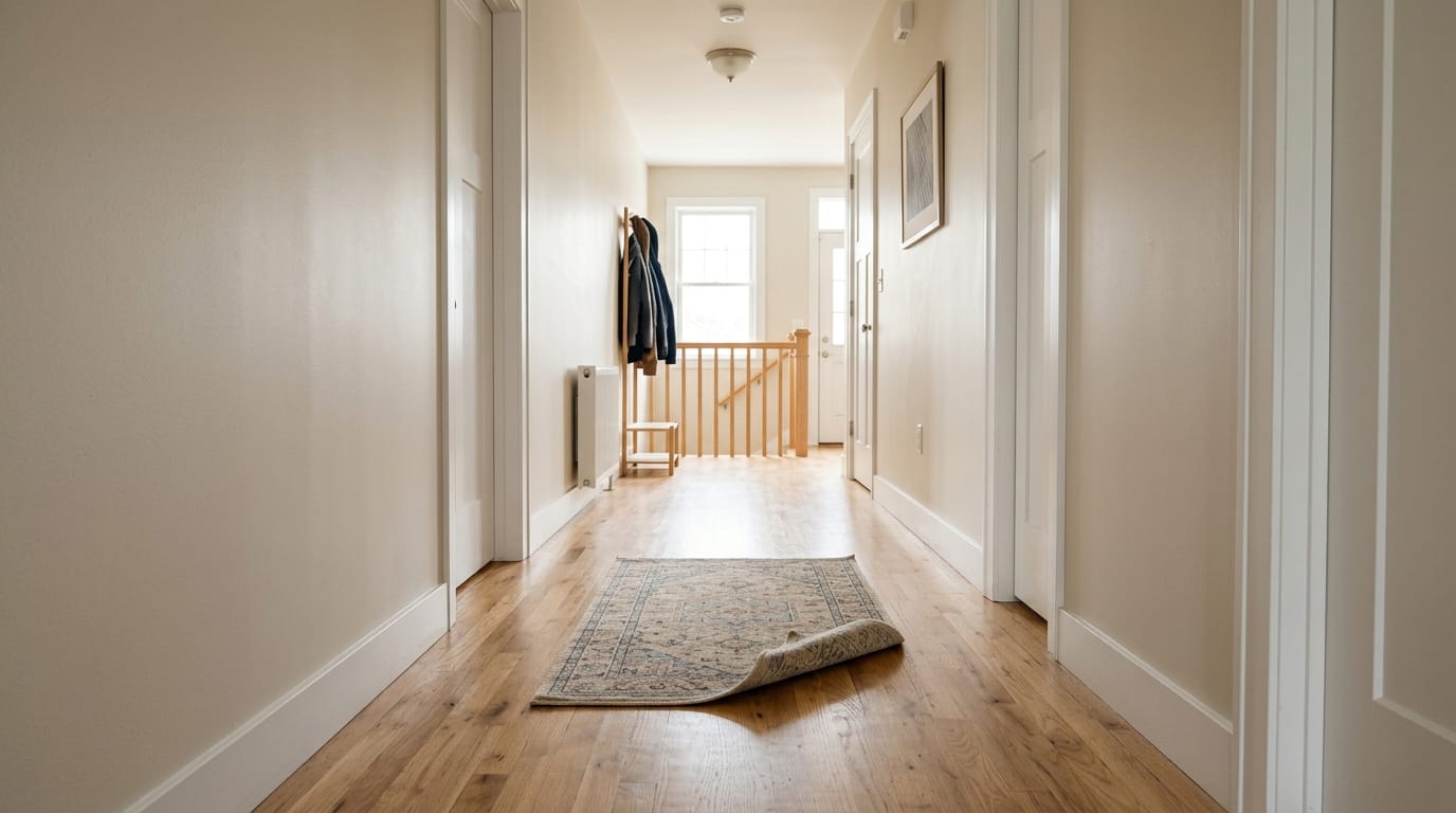 hallway with a small rug slightly folded creating a tripping hazard on a clear walking path