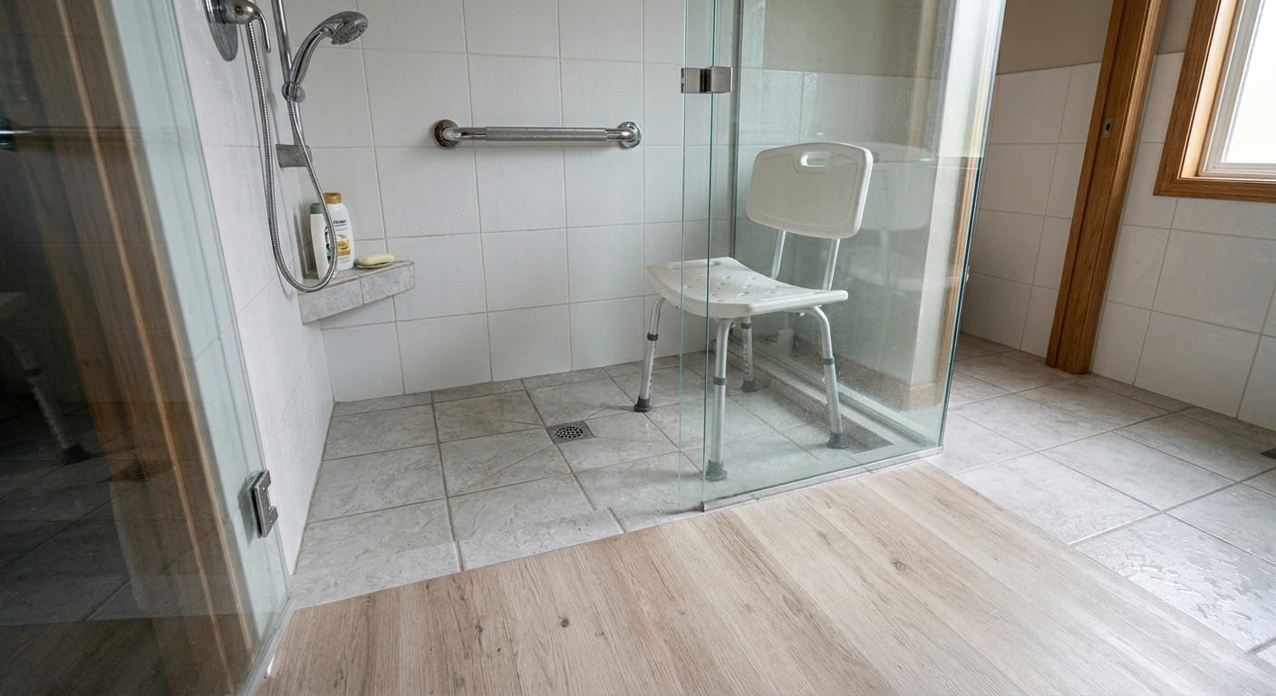 Shower entry and seating area showing high-risk transition zone during bathing