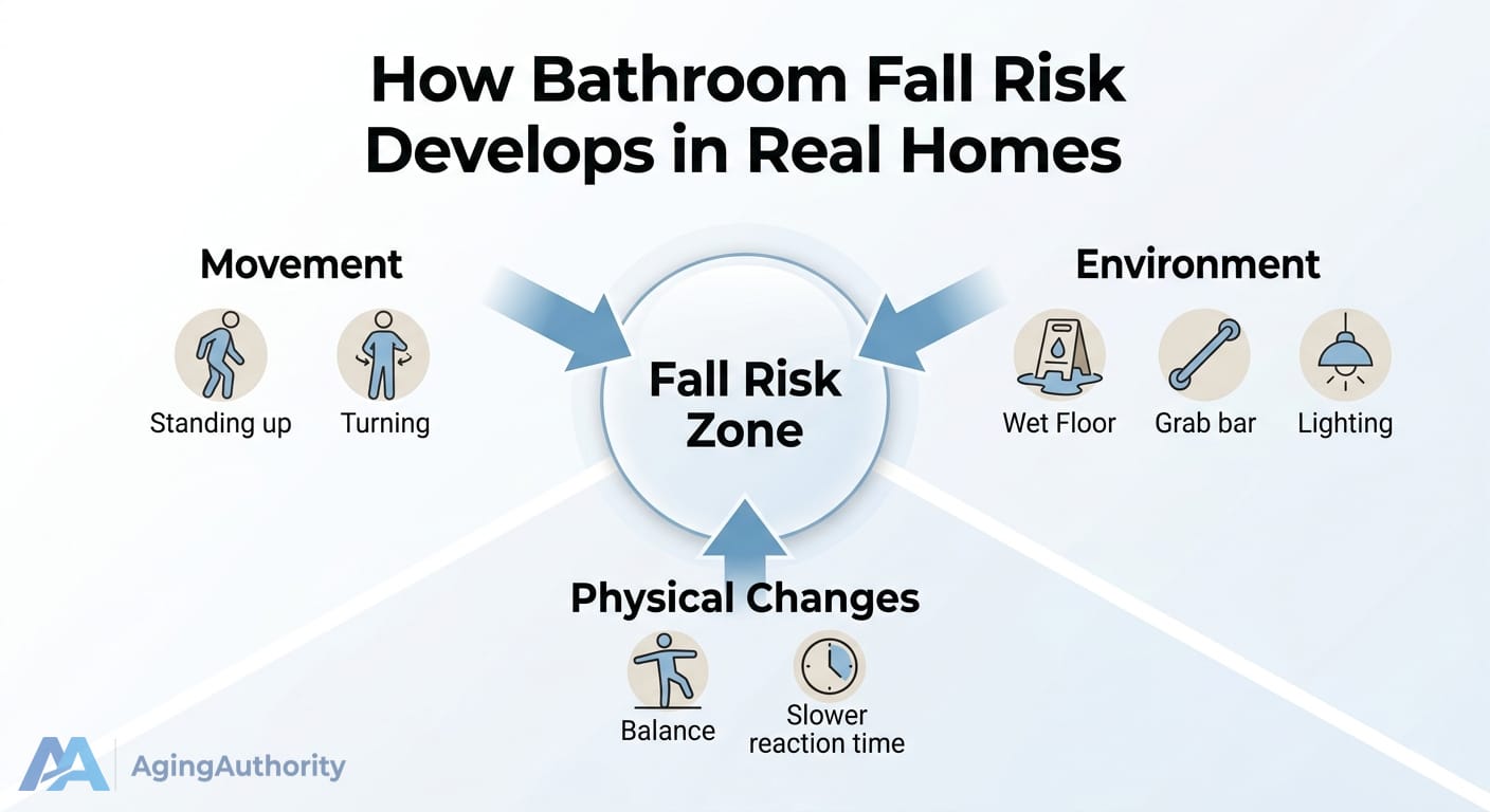 infographic showing how movement environment and physical changes interact to create bathroom fall risk