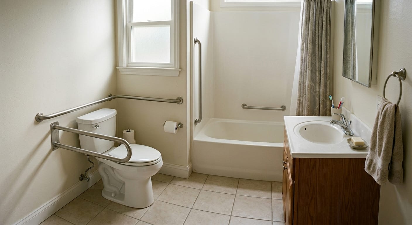 bathroom with toilet supported by side and rear grab bars showing safer and more stable layout in a normal home