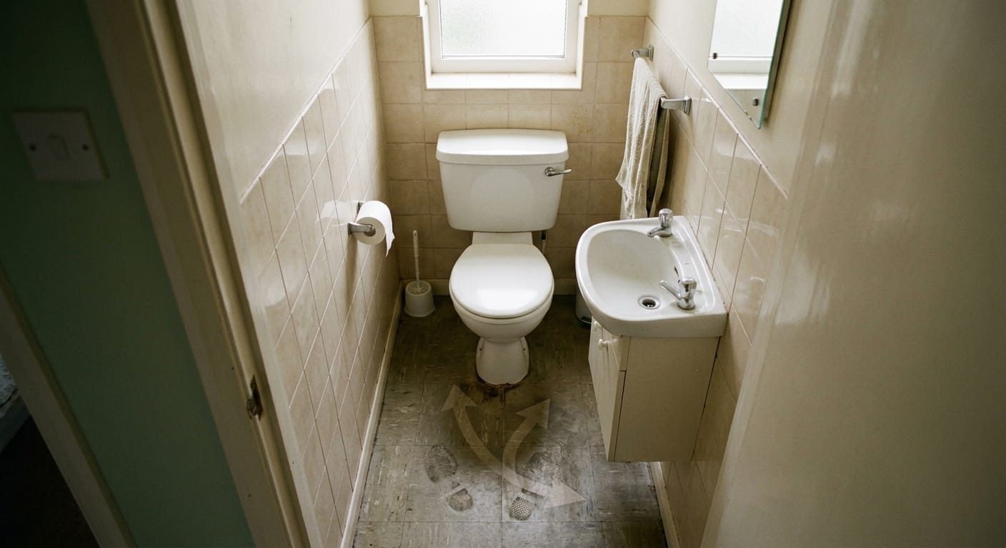 narrow bathroom with toilet and sink showing limited turning space and restricted movement for seniors