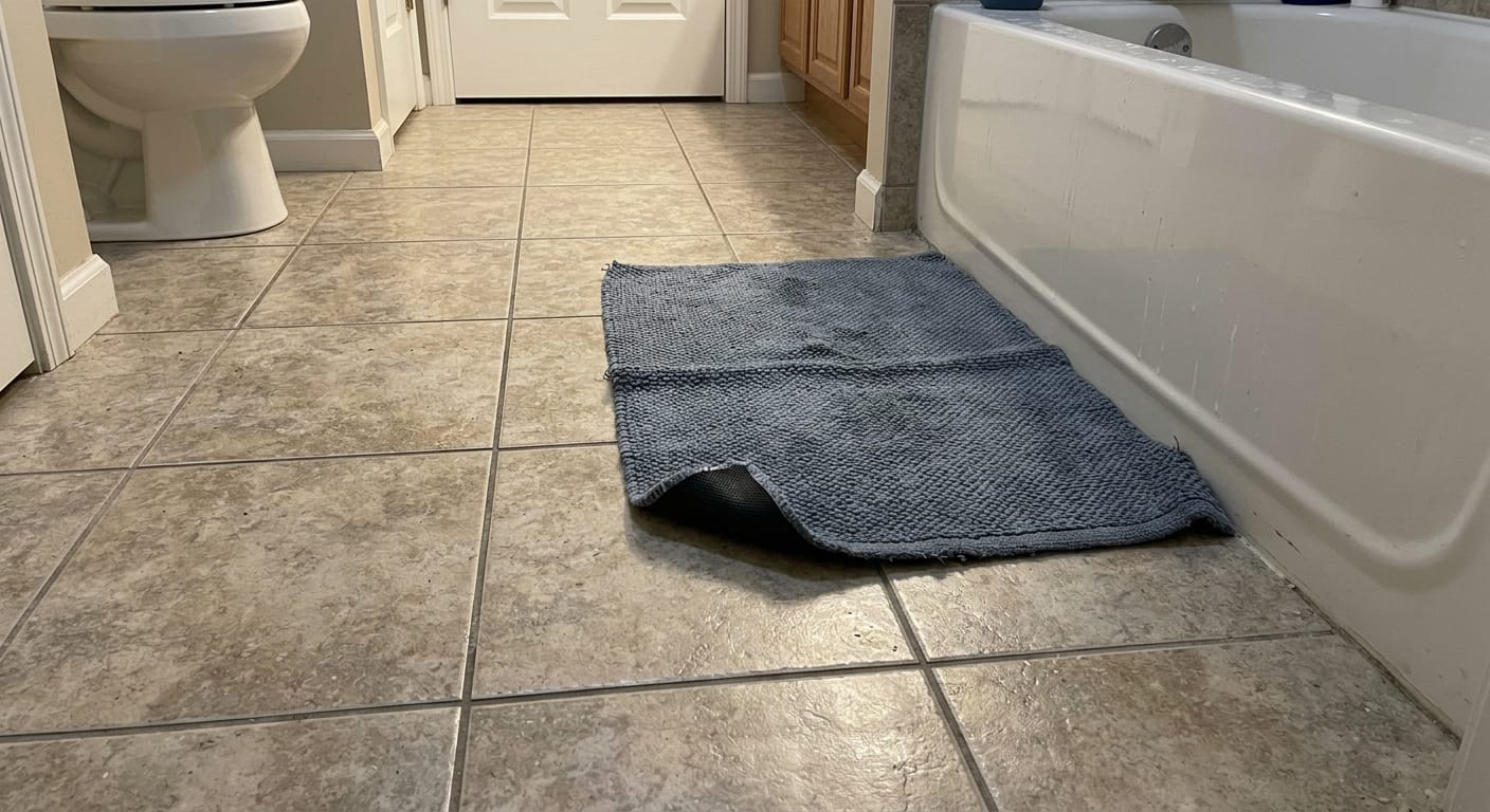 loose bathroom rug on tile floor with curled edge creating a trip hazard