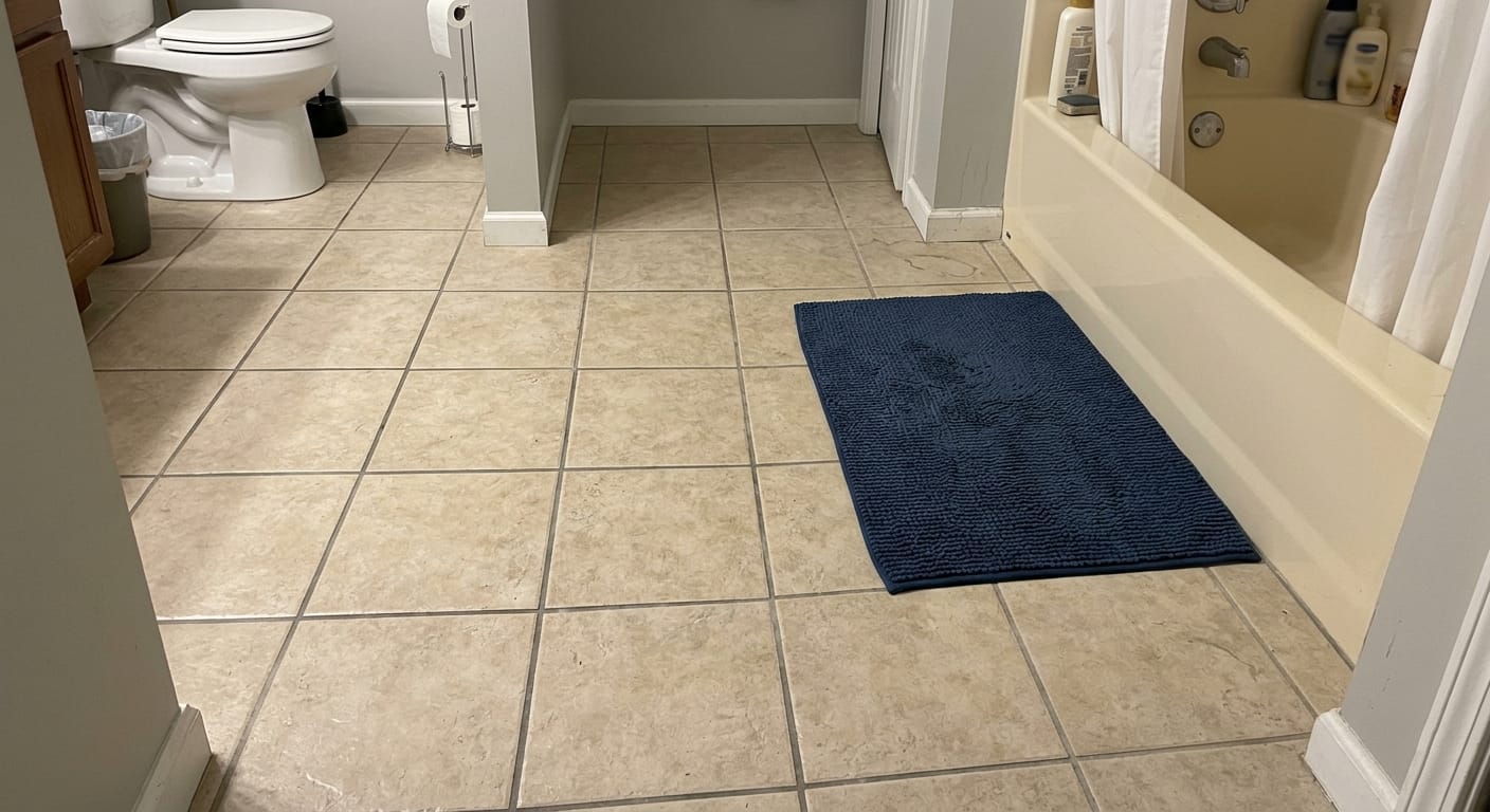 non-slip bathroom mat placed near bathtub exit to reduce slip risk on tile floor