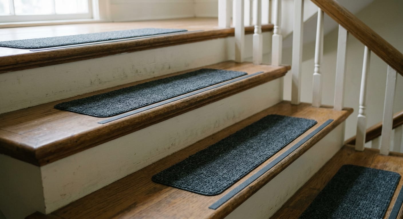 close view of stair steps with non-slip treads and visible edge contrast for safer stair use