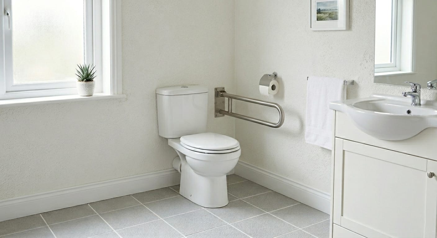 toilet area with U-shaped grab bar and clear space around it for safe standing and sitting