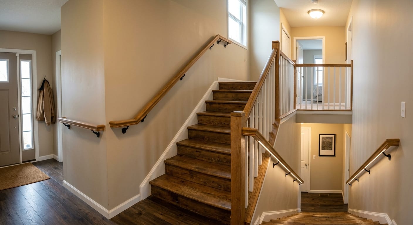 residential staircase with double handrails and improved lighting for safer stair use at home