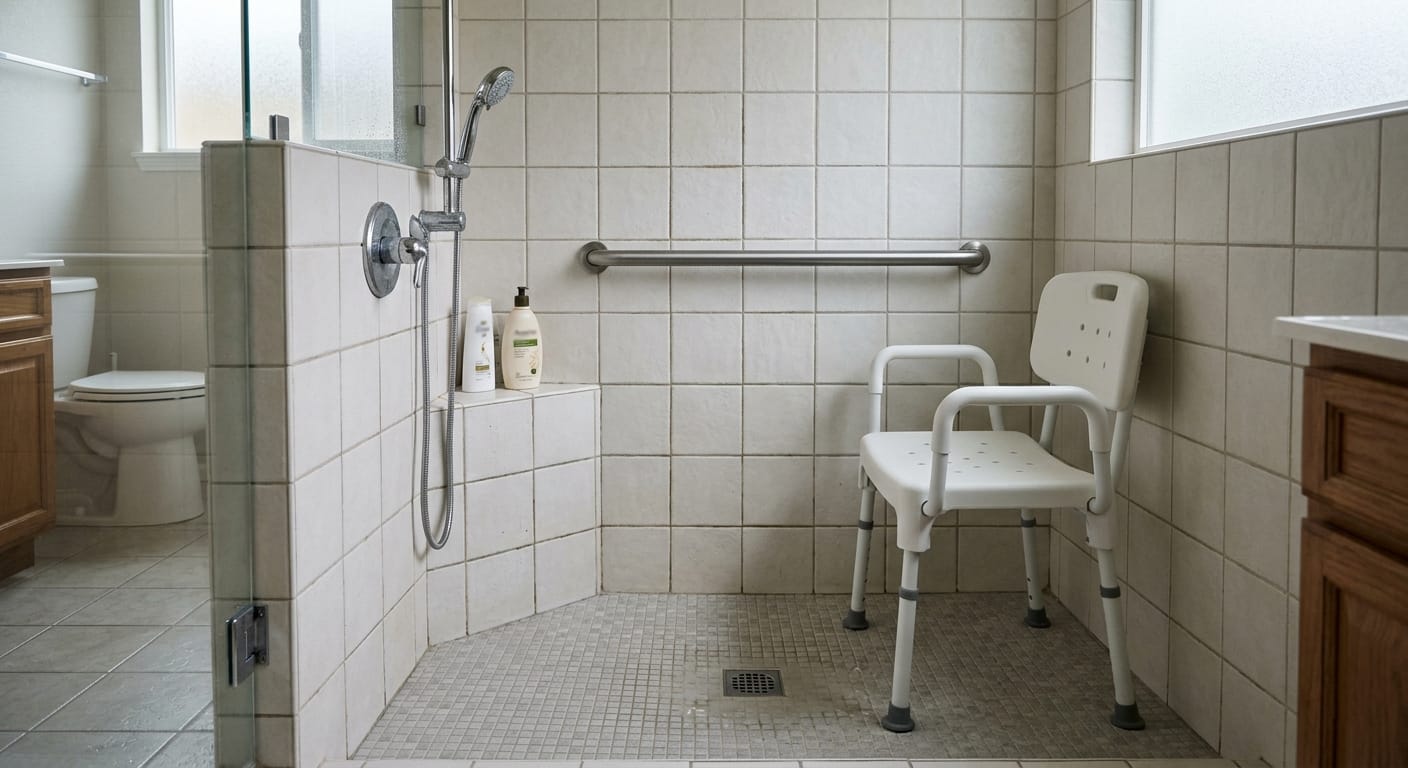 Shower chair and horizontal grab bar working together to support safe seated bathing and transfers