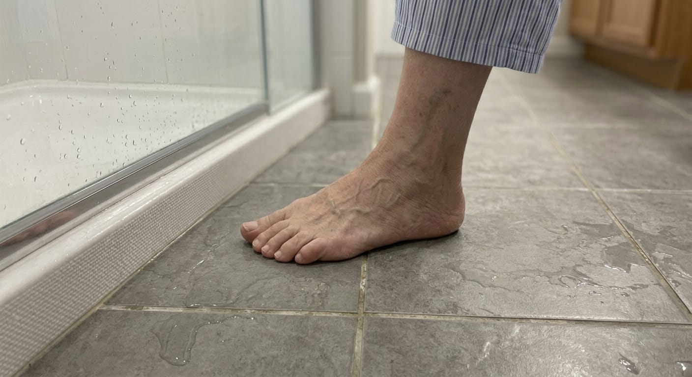 bare foot stepping onto wet bathroom tile floor near shower exit showing slip risk