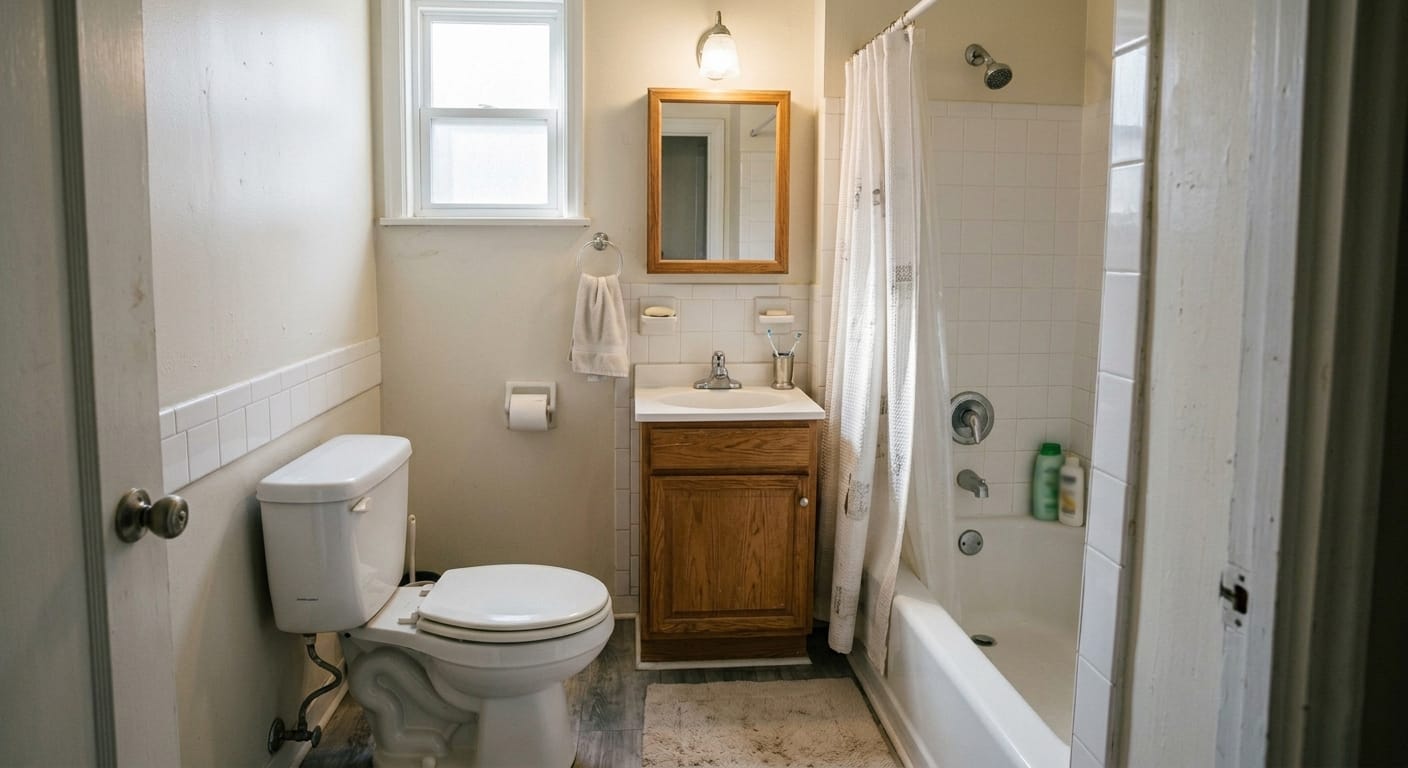 small bathroom with tight layout showing limited space between toilet sink and bathtub affecting safe movement for seniors