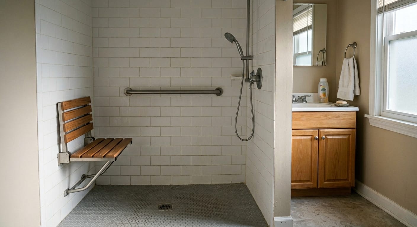 Walk-in shower with wall-mounted foldable shower seat and grab bar in a modern residential bathroom
