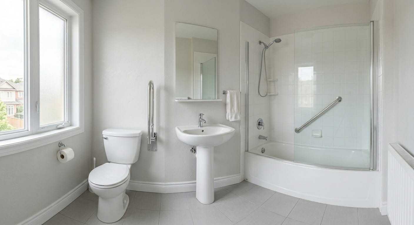 wide bathroom layout with toilet, sink, bathtub, and grab bars showing safe movement space