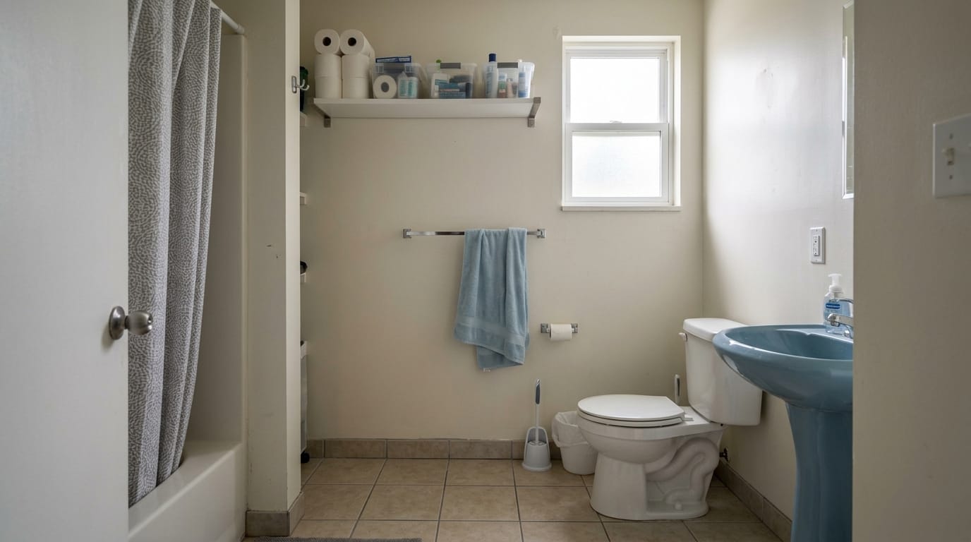bathroom layout with narrow pathway and high storage increasing fall risk