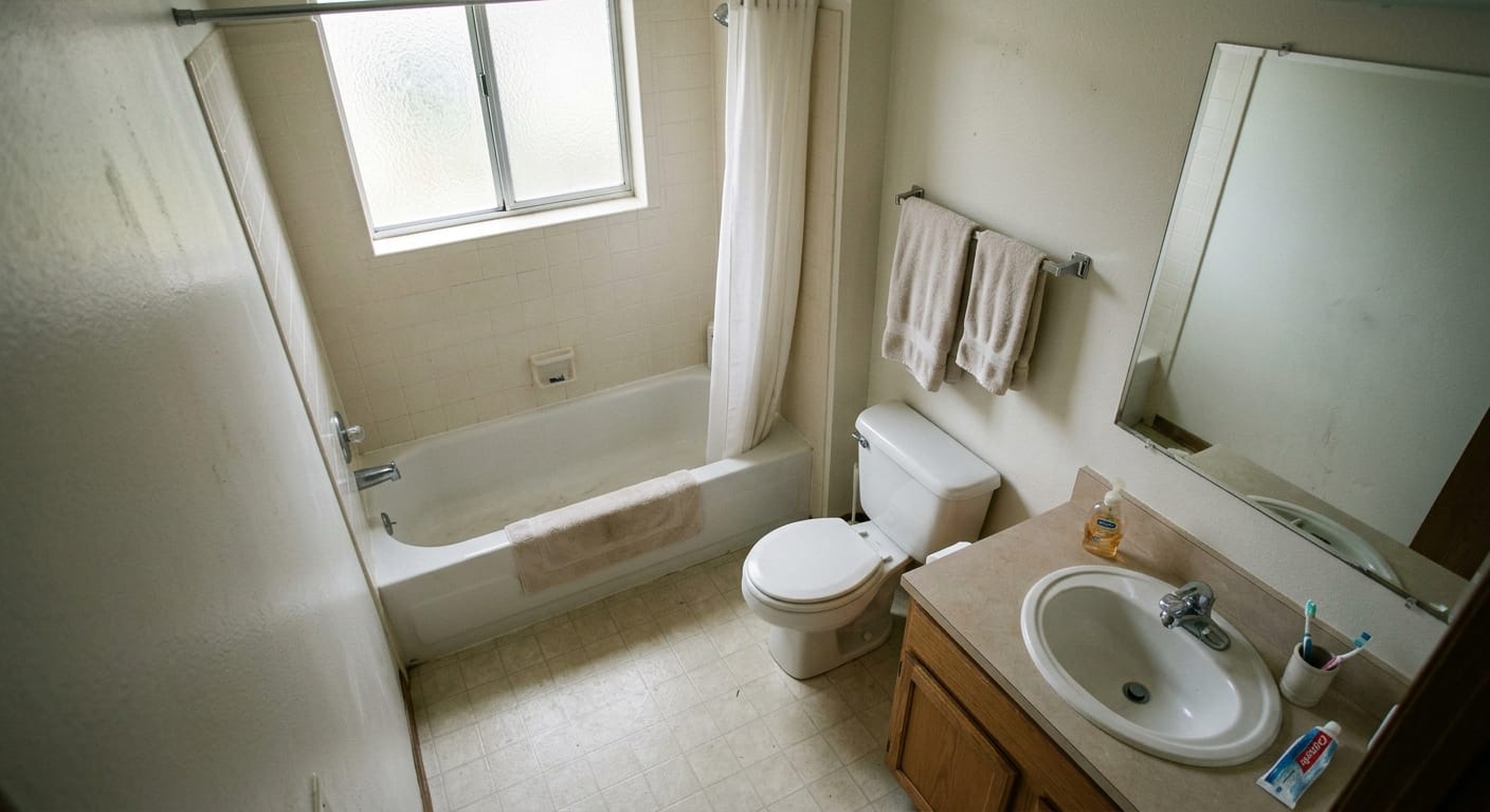 standard residential bathroom with bathtub toilet sink and natural daylight from window