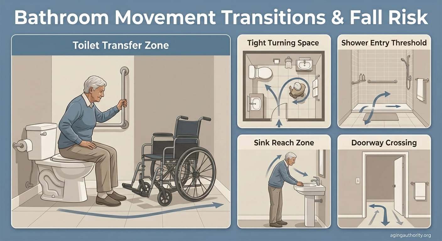 editorial infographic showing common bathroom movement transitions associated with fall risk in older adults, including toilet transfer, turning space, shower entry, sink reach, and doorway crossing