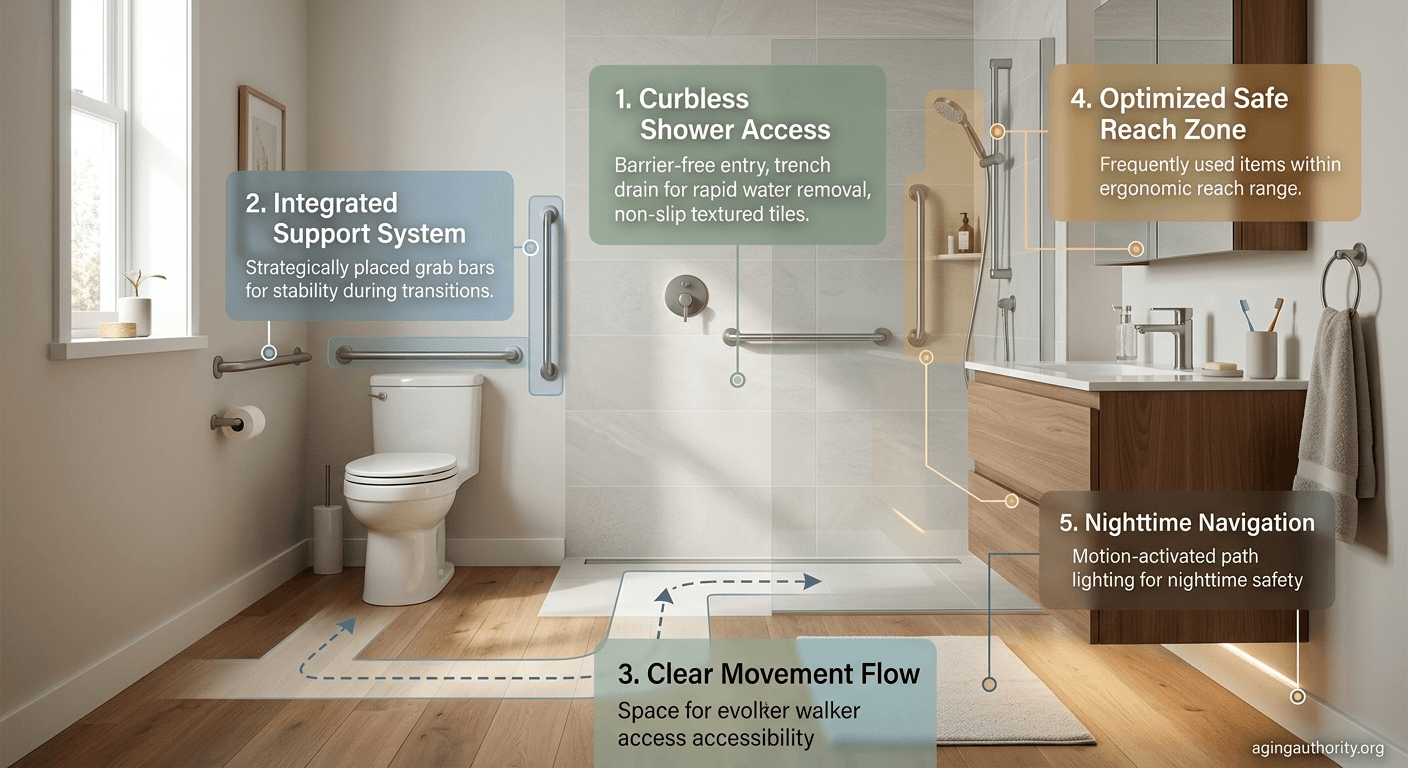 bathroom safety infographic showing movement pathways, support zones, lighting, and fall-risk areas for seniors