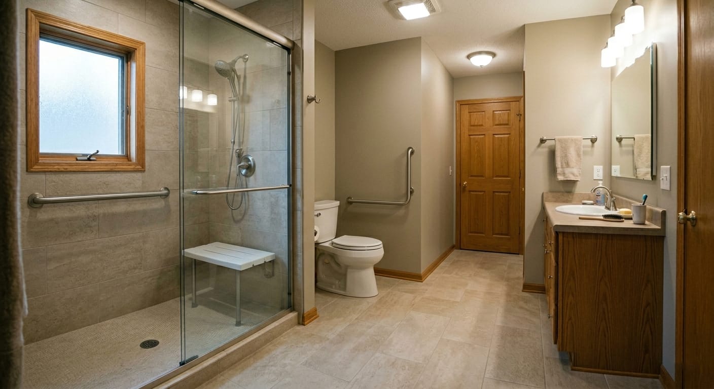 realistic senior-friendly bathroom showing safe layout, lighting, flooring, and support zones