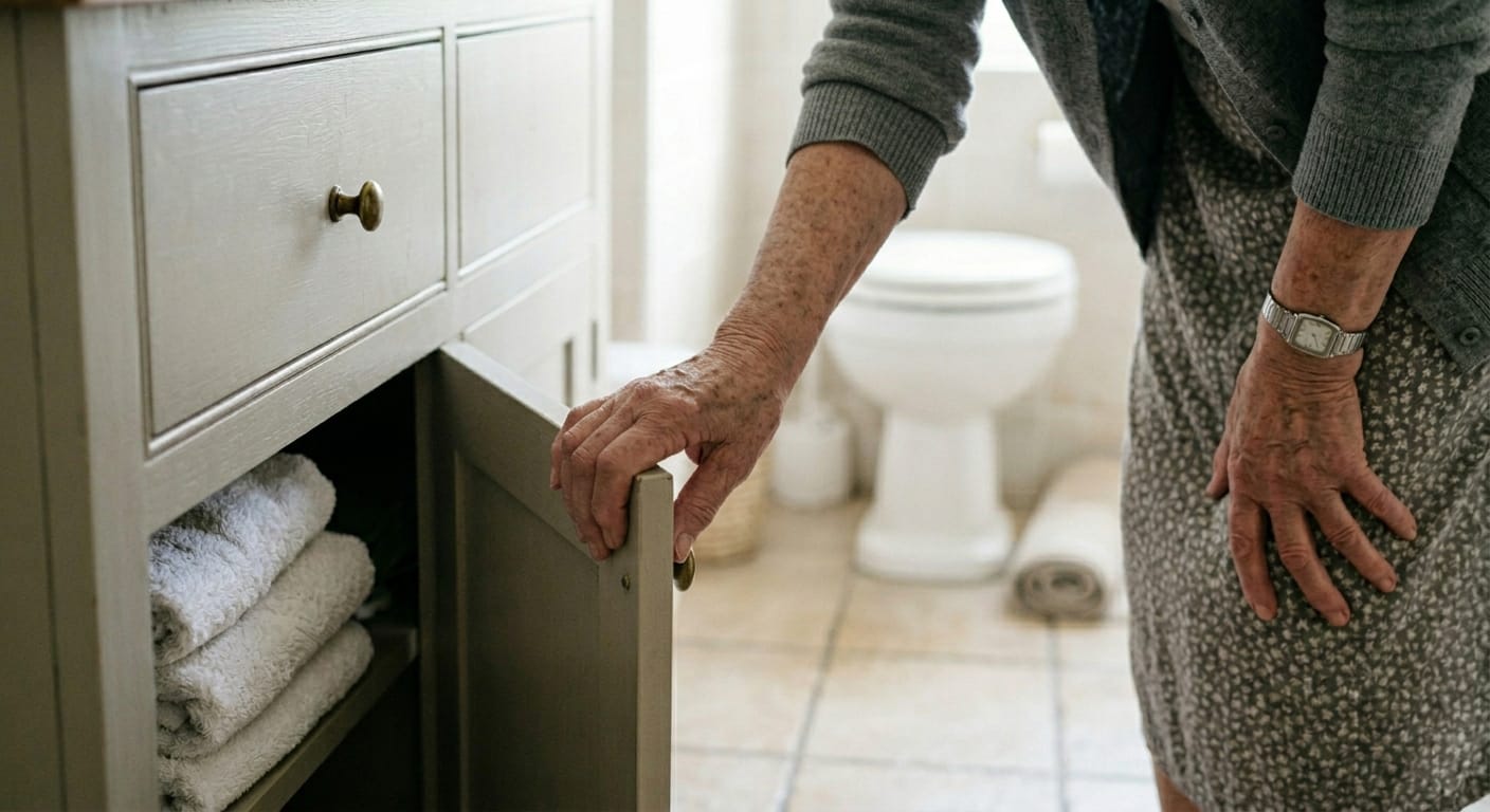 older adult woman bending to reach low cabinet in bathroom