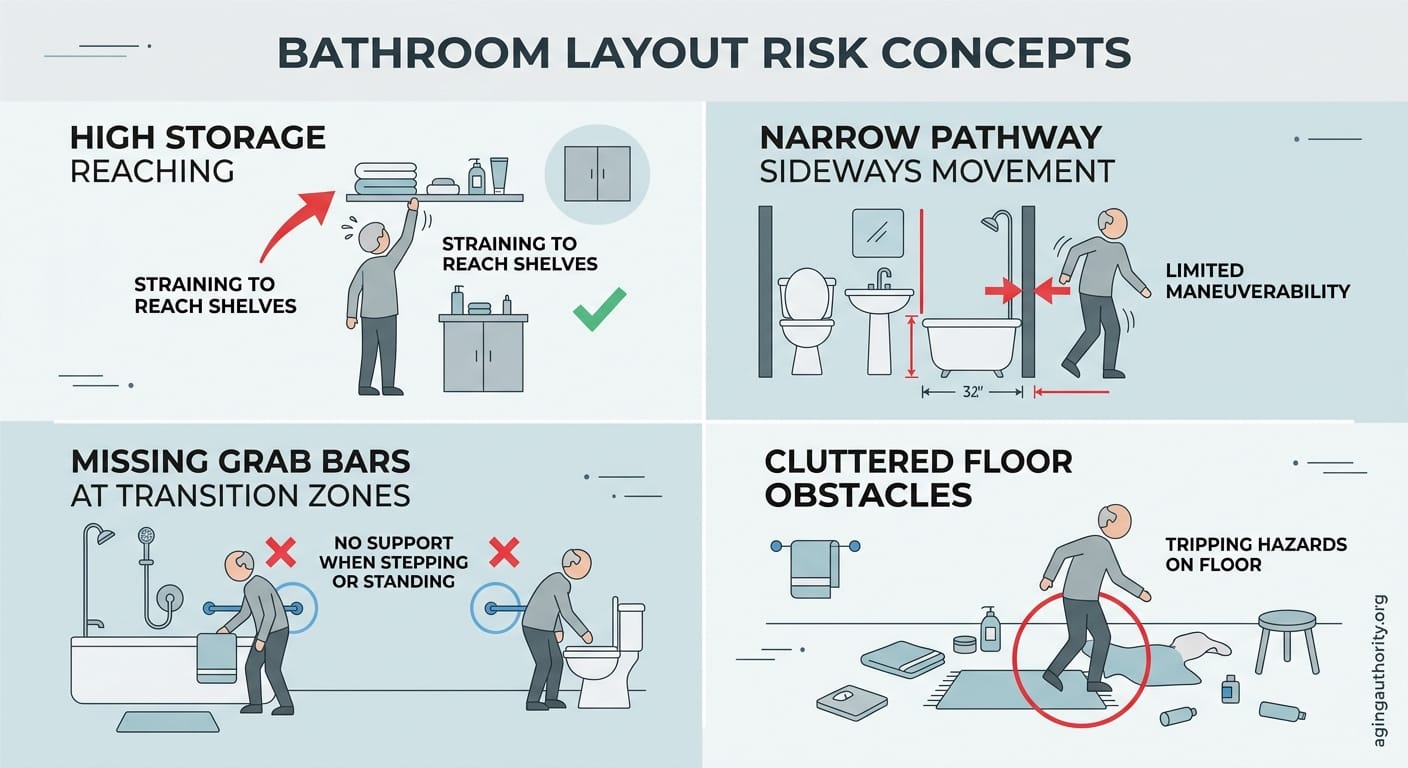 infographic showing common bathroom layout mistakes increasing fall risk
