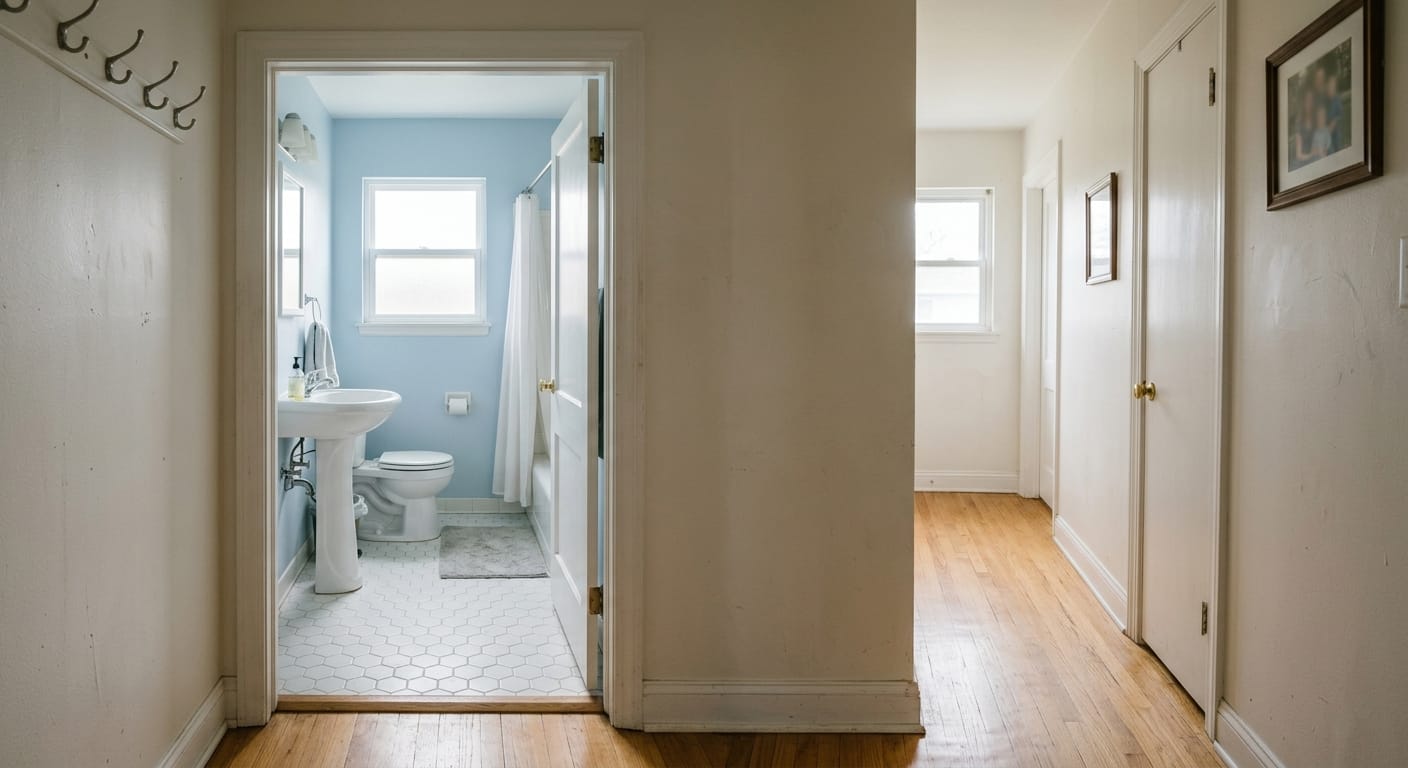 hallway to bathroom transition with consistent lighting levels