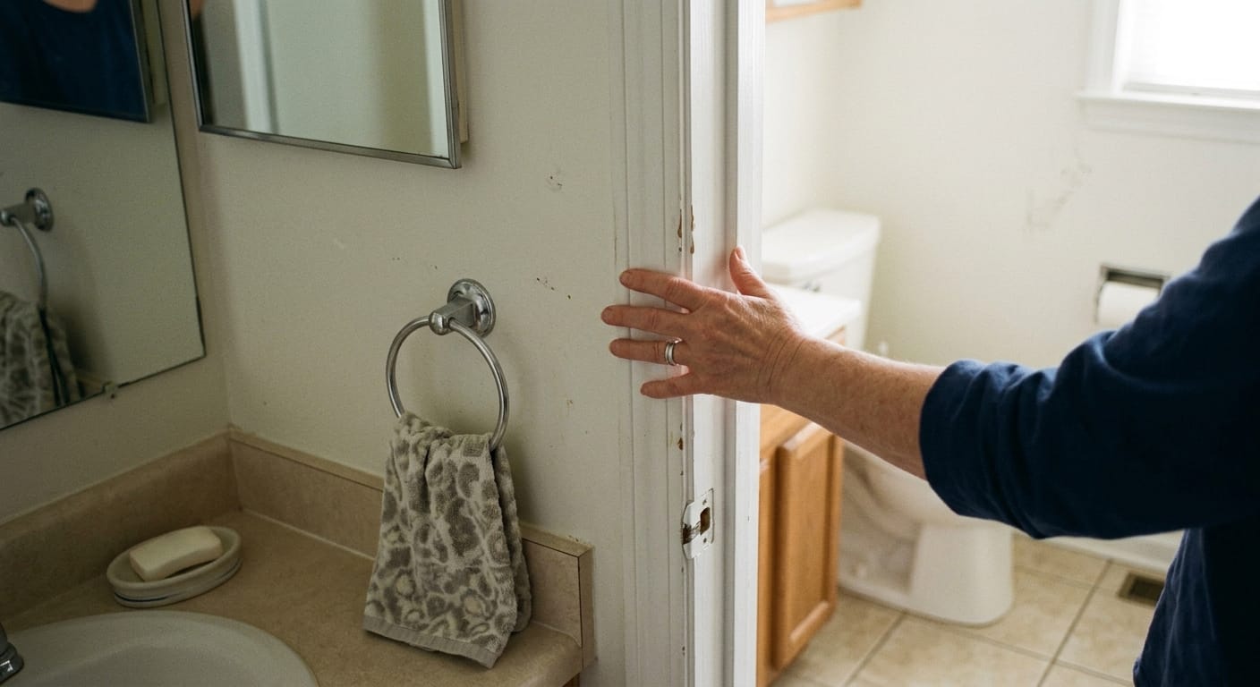 hand reaching for support in bathroom under uneven lighting conditions