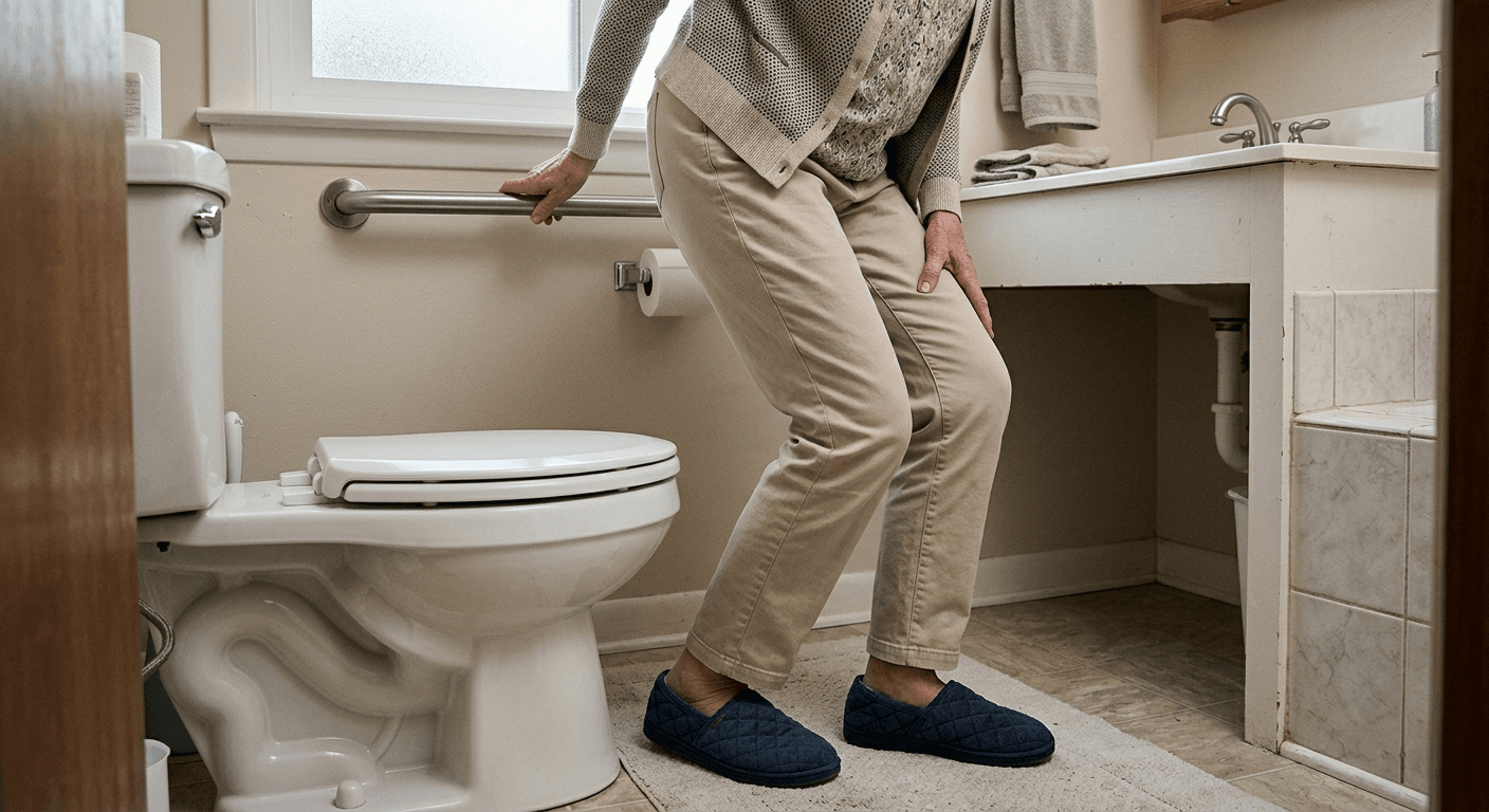 close-up of standing movement from low toilet with nearby support bar