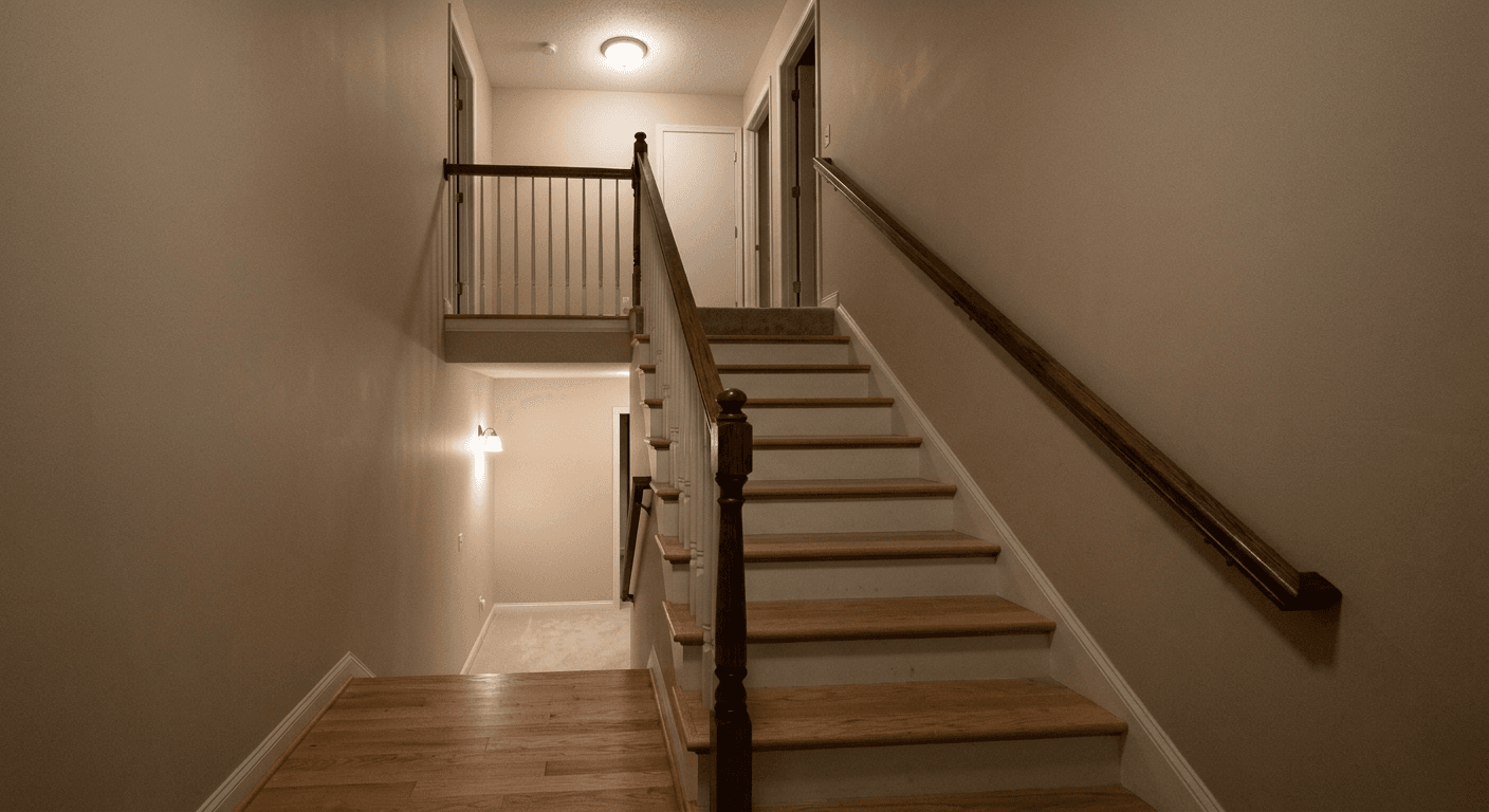 Residential staircase with poor lighting and visual contrast challenges