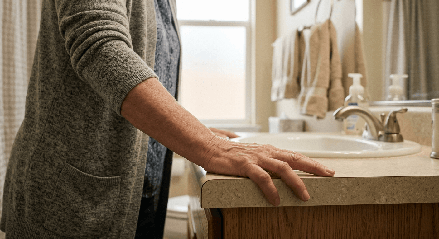 close-up of leaning on bathroom vanity for movement support
