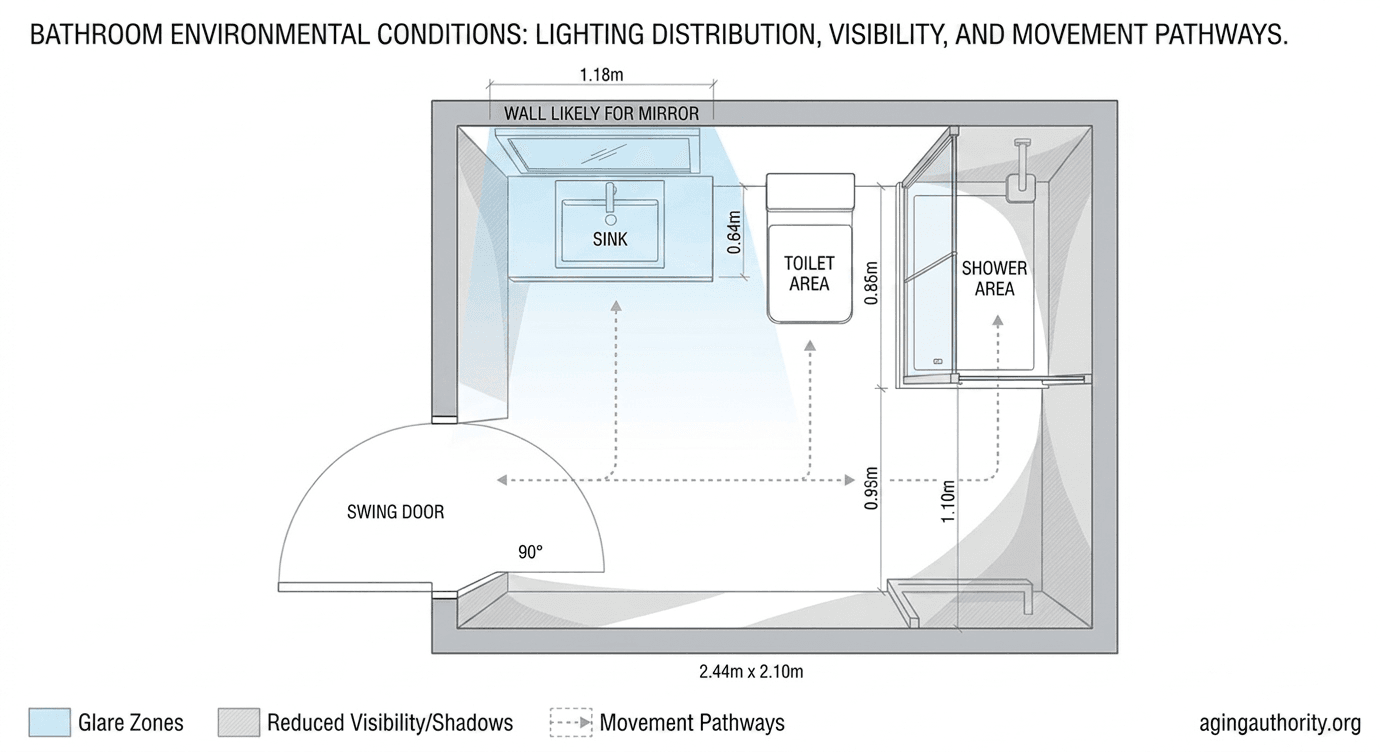 diagram showing bathroom lighting risk zones glare areas shadow zones and movement pathways