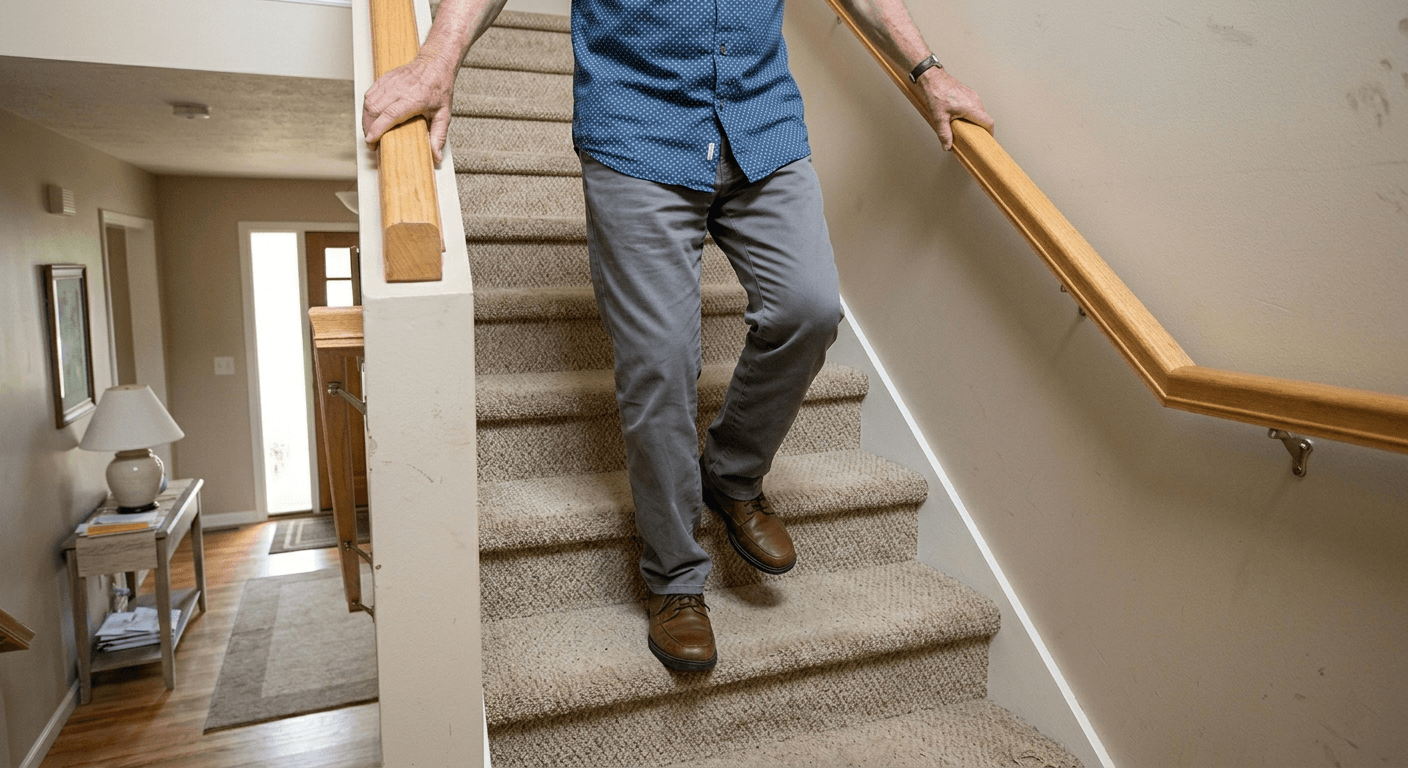 Older adult carefully using a residential staircase with handrails
