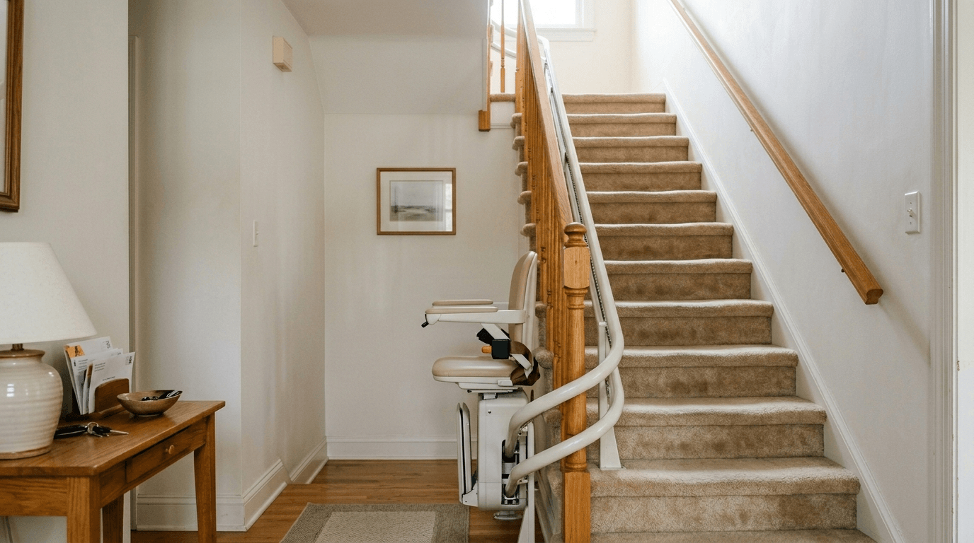 Realistic residential stairlift installed on a carpeted staircase inside a middle-class American home with natural lighting and wood handrails.