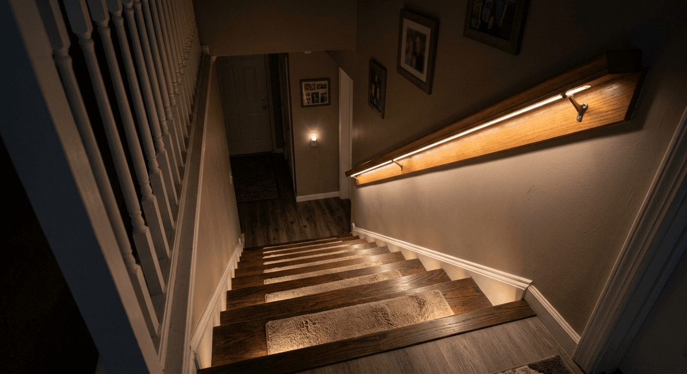 Motion-sensor lights illuminating a residential staircase at night