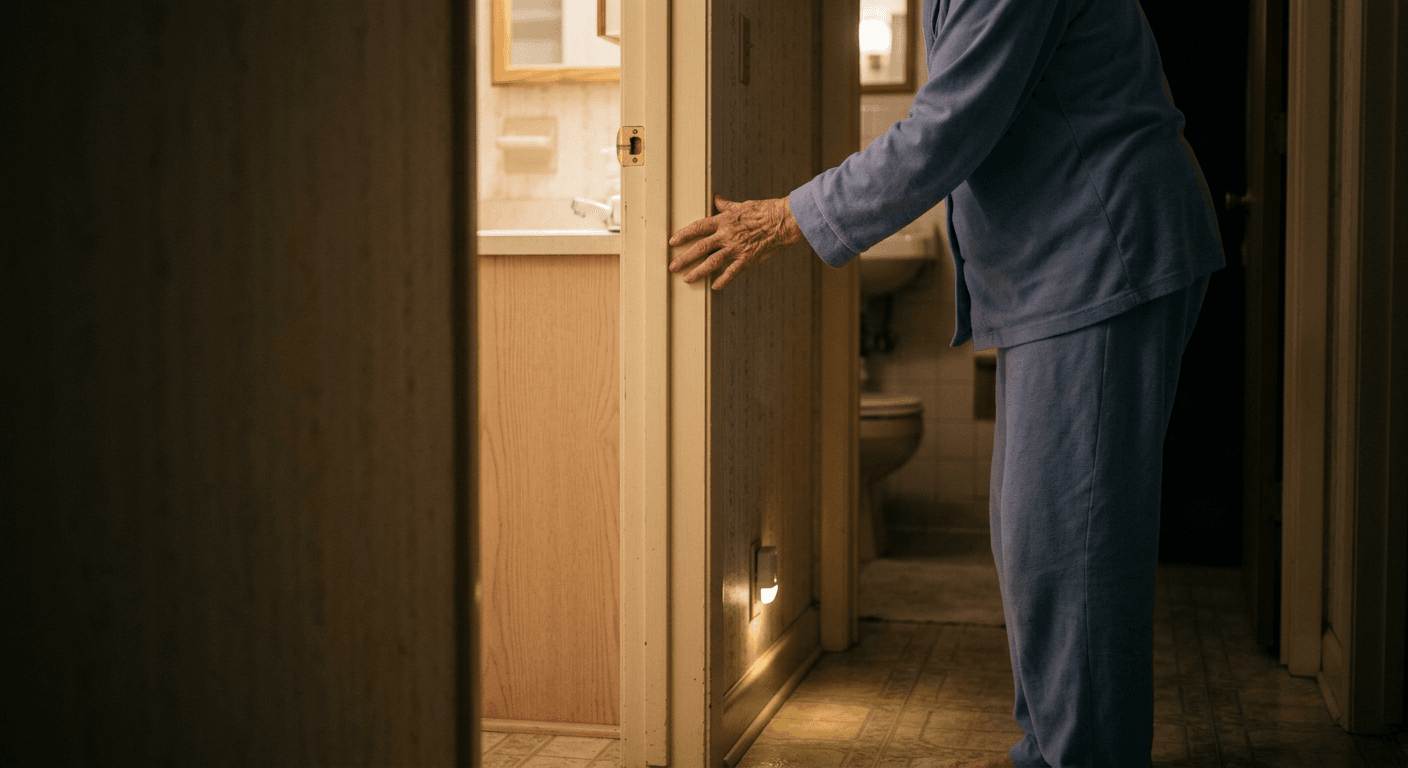low-light nighttime bathroom pathway with older adult walking carefully